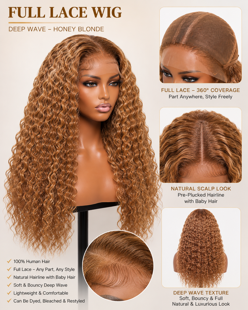 Remy Human Hair Deep Wave Full Lace Wig